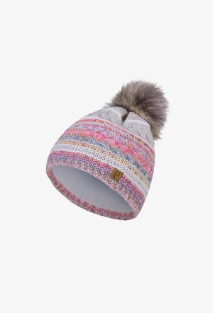 Knit beanie in light gray with pink, blue, and white accents. Features a faux fur pom-pom on top and a leather logo patch on the side.