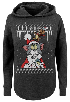 Grå hettegenser med juletema som har Tom og Jerry. Mønsteret inkluderer snøfnugg og istapper i hvit, rød og grønn.