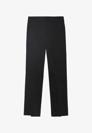 Pantalon noir en tissu lisse, présentant une coupe droite, des poches avant et une taille plate sans matériel ni embellissements visibles.