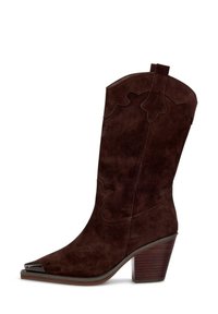 Bota de ante marrón estilo western con punta afilada, costuras decorativas y un tacón de madera grueso. Cuenta con una pestaña lateral para facilitar el uso.