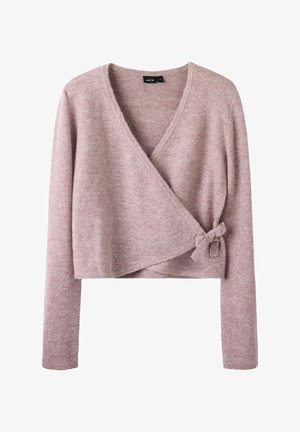 Bladoróżowy sweter w stylu wrap z miękkiej dzianiny, z głębokim dekoltem w kształcie V, długimi rękawami i wiązaniem po bokach w talii.