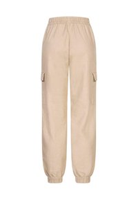 Pantaloni cargo beige con fascia elastica in vita, due tasche laterali e polsini elastici alle caviglie. Realizzati in tessuto morbido con una consistenza liscia.