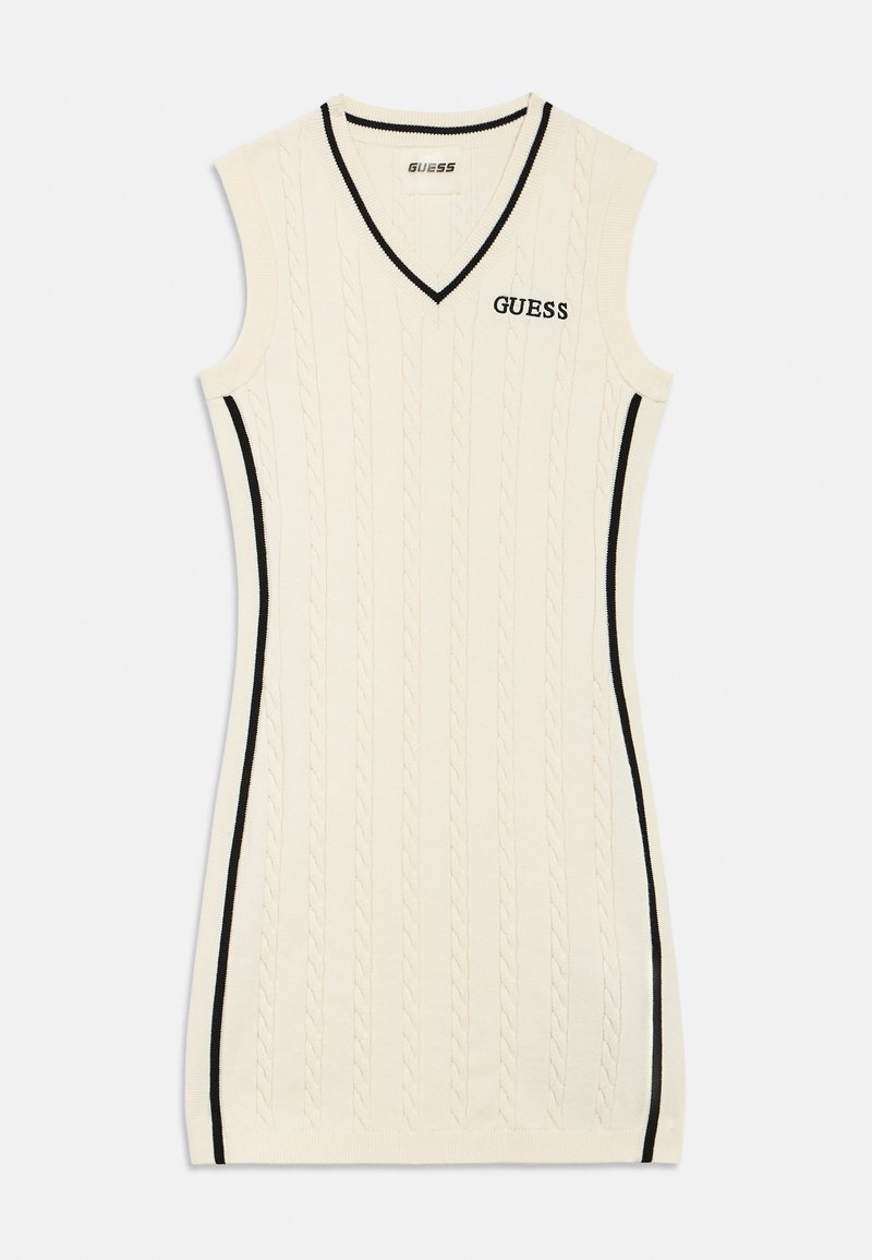 Πλεκτό φόρεμα σε εκρού με V-λαιμόκοψη, με σχέδιο καλωδίου και μαύρες πλαϊνές λεπτομέρειες. Αμάνικο με εφαρμοστή γραμμή, με την επωνυμία "GUESS".