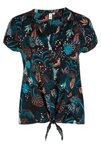 Blusa a maniche corte in tessuto nero con un vivace motivo floreale in turchese, rosa e bianco, con chiusura a bottoni e orlo annodato.