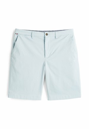 Hellblaues Baumwollshorts mit flachem Bund, zwei seitlichen Taschen und Knopfverschluss. Mit einem dezenten Logoakzent am Bund.