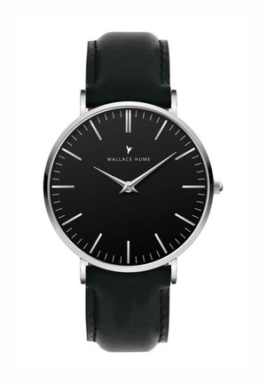 Montre-bracelet ronde avec cadran noir, aiguilles et marqueurs argentés, bracelet en cuir noir et logo "Wallace Hume" sur le cadran.