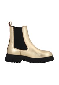Stivale alla caviglia in metallo dorato con pannelli elastici neri ai lati, suola in gomma nera resistente e linguetta. Presenta una punta arrotondata e una texture rigata.