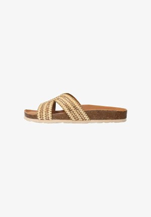 De slipper heeft een gevlochten gouden band, een kurken voetbed en een rubberen zool. Gladde textuur met een platte, open teenontwerp.