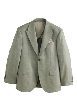 Lichtgroene herenblazer met voorzien van inkepingen in het revers, twee knopen, voorflapzakken, borstzak met lichtgekleurde pochet en met knopen sluitbare manchetten.