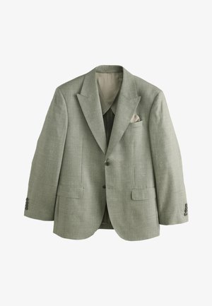 Hellgrüner Herrenblazer mit Revers, zwei Knöpfen, vorderen Pattentaschen, Brusttasche mit hellfarbigem Einstecktuch und geknöpften Manschetten.