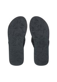 Zwarte slippers met gestructureerde rubberen zolen, voorzien van een herhalend logopatroon. Thong-bandontwerp zonder extra versieringen.