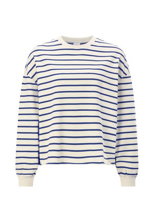 Valge pikkade varrukatega särk tumesiniste horisontaalsete triipudega, soonikkoes kaeluse ja mansettidega ning lõdva lõikega.