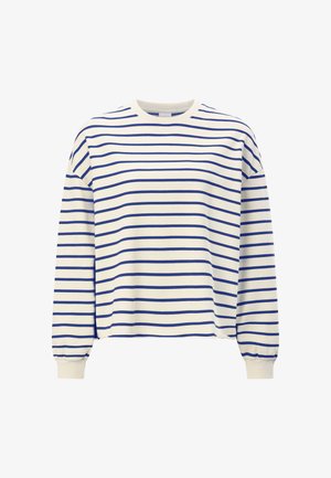 Cămașă albă cu mâneci lungi, cu dungi orizontale bleumarin, guler rotund cu model reiat și manșete, cu croială lejeră.