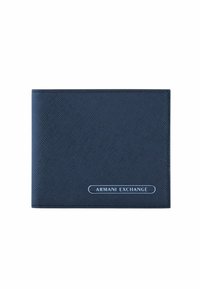 Portafoglio texturizzato blu navy in materiale sintetico con il logo "ARMANI EXCHANGE" in blu sulla parte anteriore, dalla forma rettangolare slim.