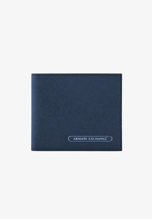Portafoglio texturizzato blu navy in materiale sintetico con il logo "ARMANI EXCHANGE" in blu sulla parte anteriore, dalla forma rettangolare slim.