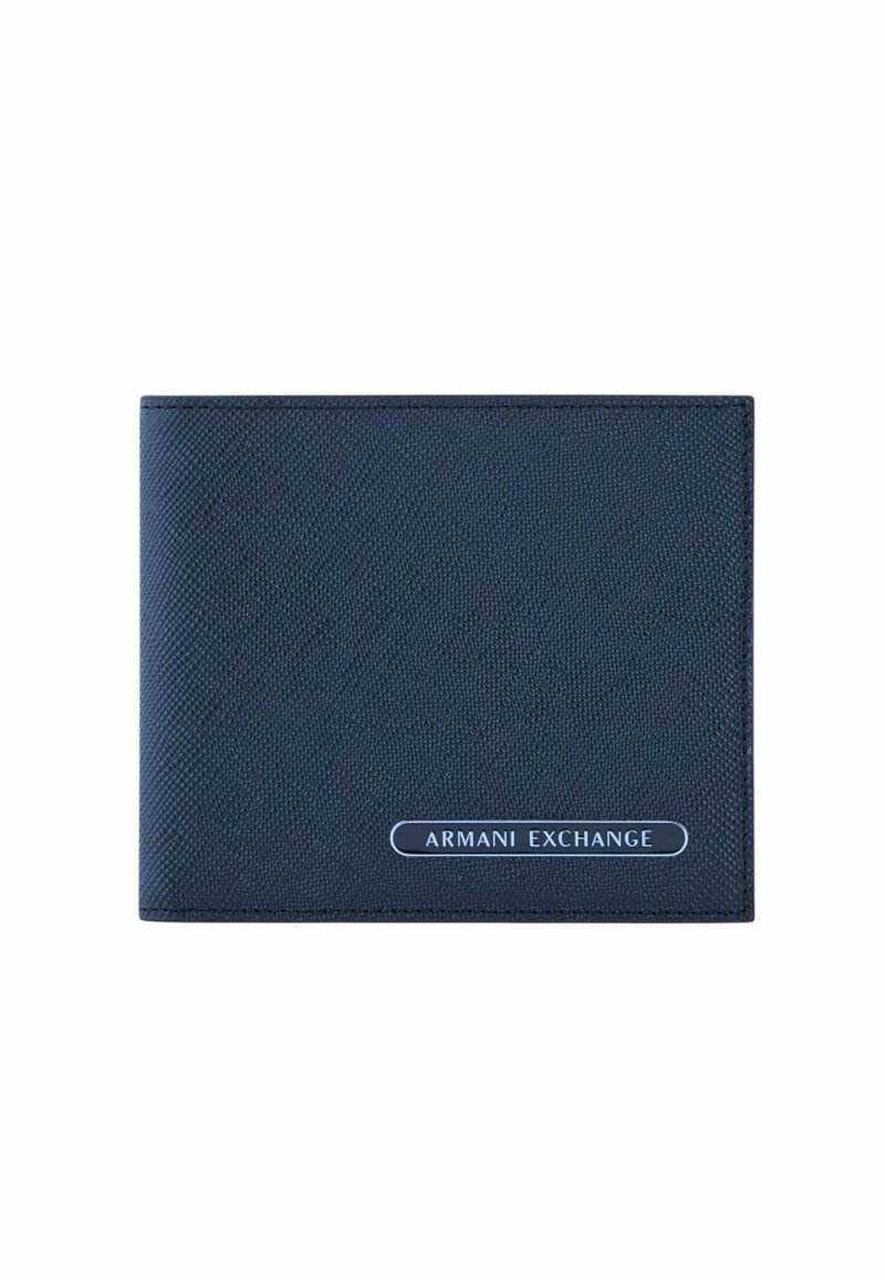 Portafoglio texturizzato blu navy in materiale sintetico con il logo "ARMANI EXCHANGE" in blu sulla parte anteriore, dalla forma rettangolare slim.