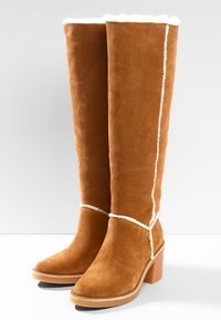 Bottes hautes en daim beige avec bordure en agneau blanc, bouts ronds et talons carrés empilés sur une surface blanche.
