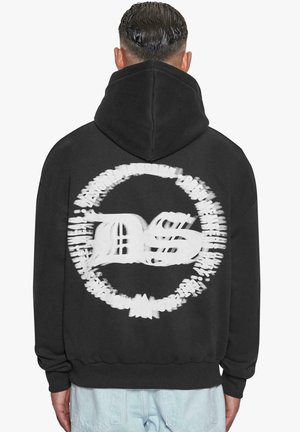 Black hooded sweatshirt with a large white graphic on the back featuring the letters "DS" in a circular design. Fabric appears soft.