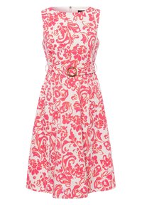Blumenkleid, ärmellos mit rundem Ausschnitt, zeichnet sich durch pinke und weiße Muster aus. Inklusive eines Stoffgürtels mit einer runden goldenen Schnalle.