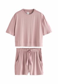 Completo da loungewear rosa chiaro composto da un top corto a maniche corte e pantaloni shorts abbinati, dotati di una vita elastica e un cordino da annodare.