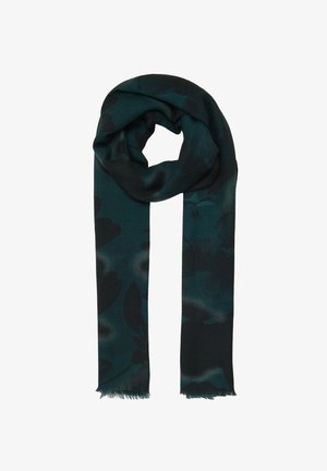 Diepgroene sjaal met een bloemenpatroon in zwarte tinten. Gemaakt van zachte stof met franjes aan de uiteinden, hangt hij in een lusvorm.