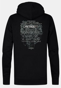 Felpa nera con cappuccio caratterizzata da una stampa grafica dettagliata sul retro, contenente schemi automobilistici e testo, che mette in mostra un design tecnico in colori a contrasto.