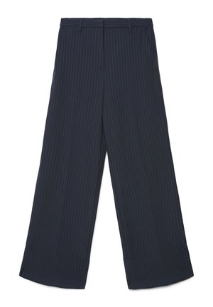 Pantaloni a gamba larga blu navy con sottili righe bianche, risvolti piegati, tasche laterali e passanti per cintura in vita.