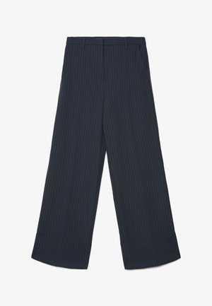 Pantaloni a gamba larga blu navy con sottili righe bianche, risvolti piegati, tasche laterali e passanti per cintura in vita.