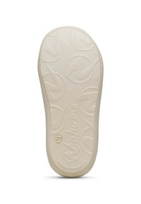 Rubberen schoenenzool in lichtbeige met een gestructureerd oppervlak, voorzien van een herhalend logopatroon en een gestructureerde rand voor grip.