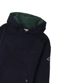 Felpa blu navy con interno verde, dotata di tasca frontale, cappuccio con cordino e logo ricamato in filo scuro.