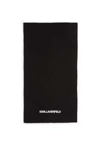 Sort strikket tørklæde med rektangulær form, prydet med "KARL LAGERFELD" logoet broderet i hvidt nederst. Blød tekstur.