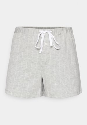 Pantaloni corti in cotone grigio con motivo a righe sottili, vita elastica con cordoncino e patta con bottoni. Texture liscia, design casual.