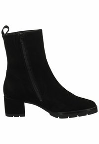 Sorte ruskind ankle boots med blokhæl, lynlås i siden og spidse tæer. Har en struktureret overdel og en holdbar gummisål.