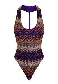 Costume intero con motivo a zigzag in viola, rosa e verde. Presenta un collo alto e dettagli intrecciati sul retro.