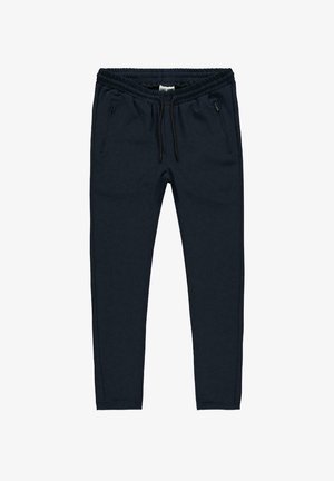 Marine joggerbroek gemaakt van zachte stof, voorzien van een elastische tailleband, trekkoord en twee ritszakken aan de zijkant. Soepele textuur en taps toelopende pasvorm.