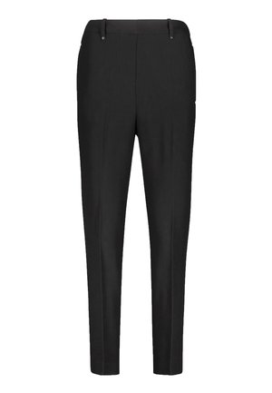 Pantalon noir slim fit sur mesure avec passants de ceinture et pli sur le devant des deux jambes.