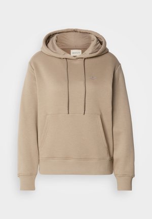 Bežová mikina s kapucňou vyrobená z jemnej látky, s predným vreckom, kapucňou so šnúrkou, rebrovanými manžetami a malým logom na hrudi.