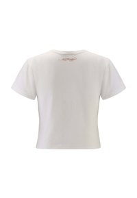 Witte katoenen t-shirt met korte mouwen, voorzien van een klein roze geborduurd detail op de bovenrug. Gladde textuur en standaard pasvorm.
