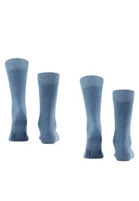 Jasnoniebieskie skarpetki z miękkiego materiału, z ryflowanym mankietem i gładką teksturą. Dwie pary wyświetlone z różnych kątów.