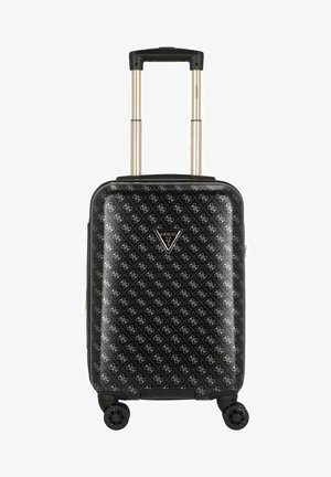 Valise rigide noire avec une finition brillante, poignée rétractable dorée, quatre roues et motif de logo blanc. Elle est dotée d'une fermeture zippée.