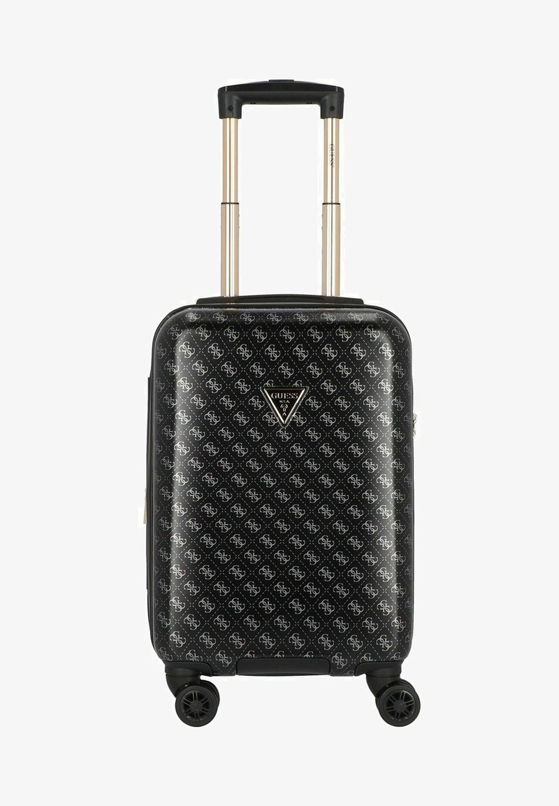 Schwarzer Hartschalenkoffer mit glänzender Oberfläche, goldenen ausziehbaren Griff, vier Rädern und ein weißes Logo-Muster. Mit Reißverschlussverschluss.