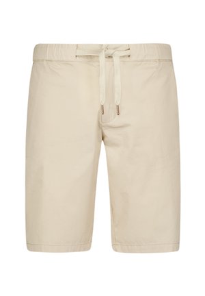 Lichtbeige shorts gemaakt van zachte stof, met een elastische tailleband met een trekkoord en subtiele stikseldetails langs de randen.