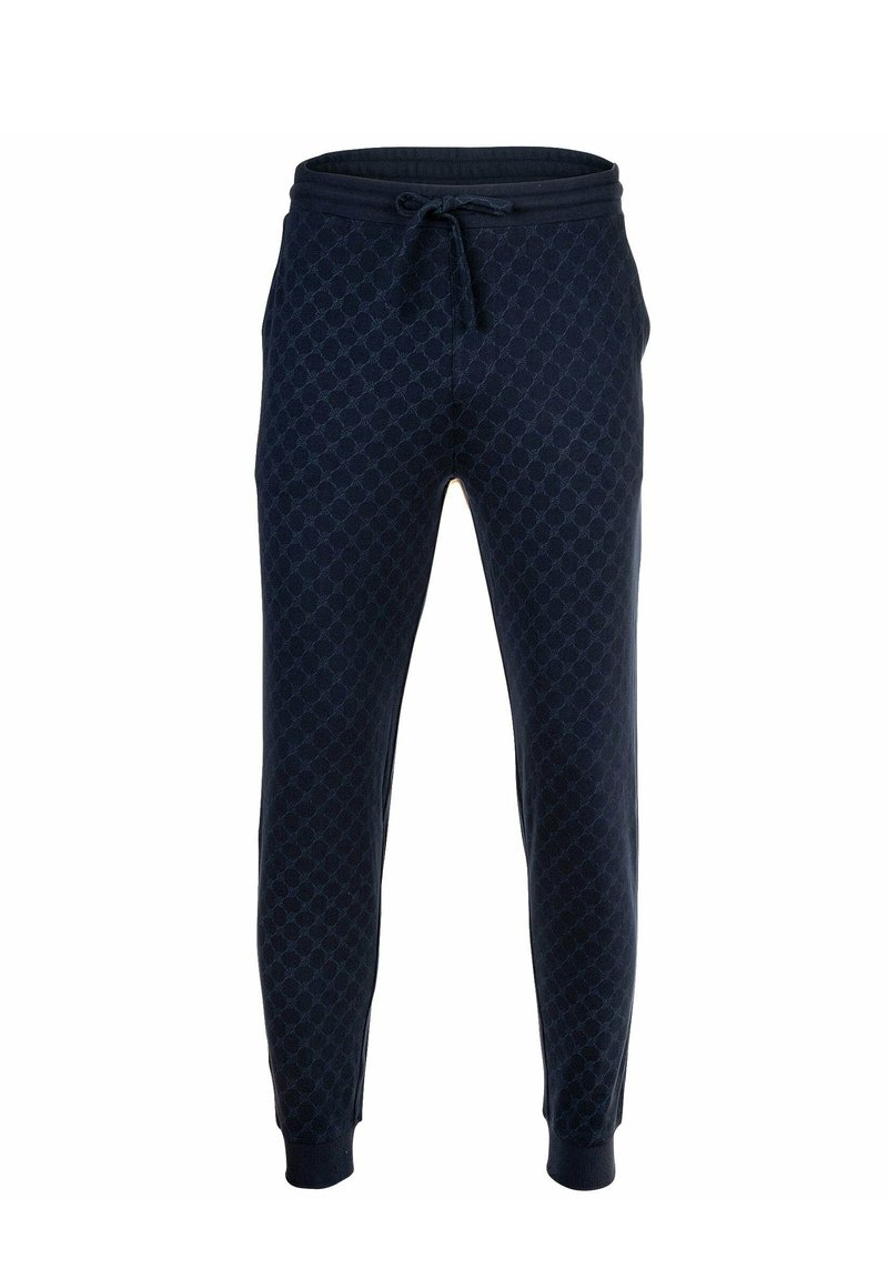 Marineblaue Jogginghosen aus weichem Stoff mit einem strukturierten geometrischen Muster, ausgestattet mit einem elastischen Bund und einer Kordel sowie gesäumten Knöcheln.