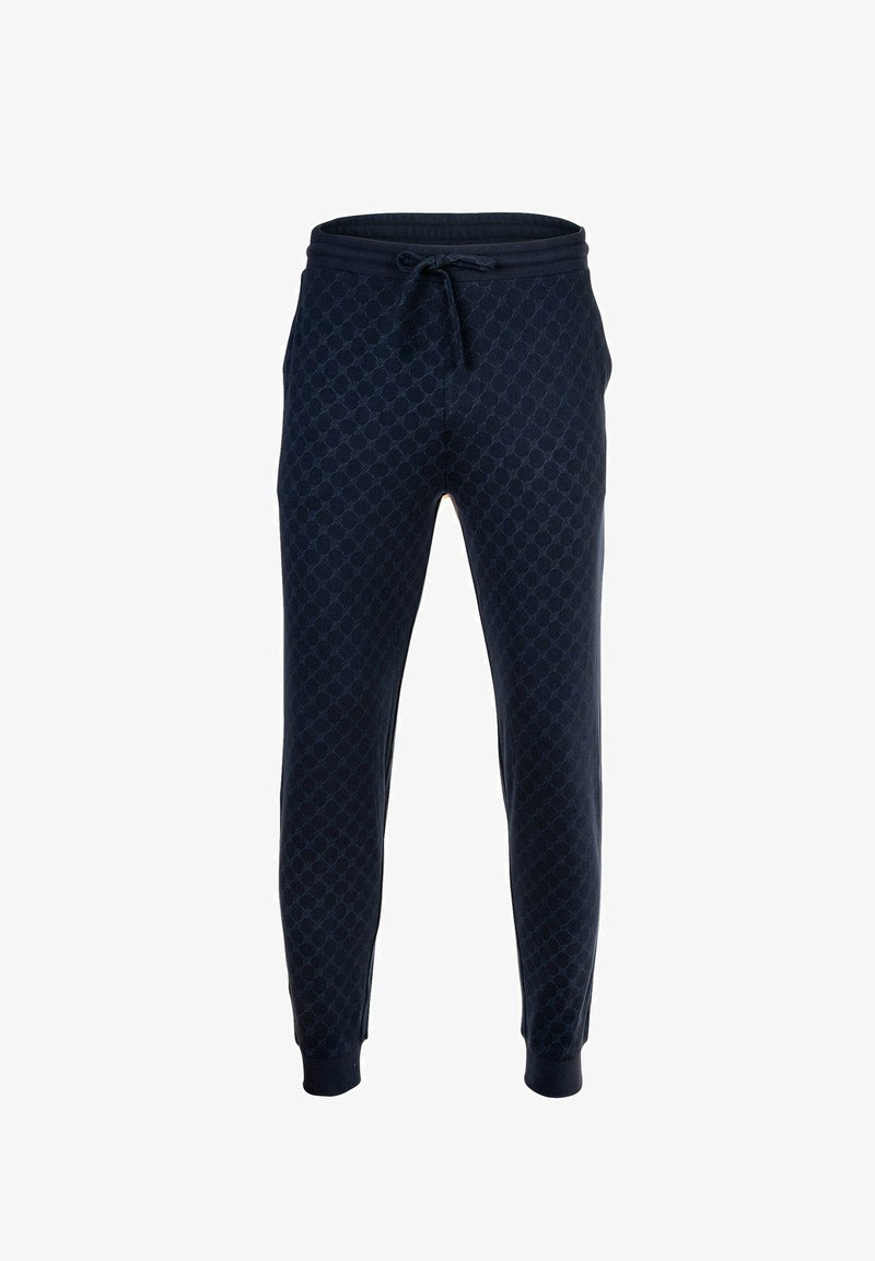 Pantalones de chándal en color marino hechos de una tela suave con un patrón geométrico texturizado, que cuentan con una cinturilla elástica con cordón y puños en los tobillos.