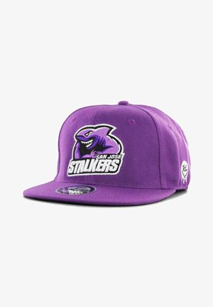 Violetti baseball-lippalakki, jossa on brodeerattu hai-logo ja "San Jose Stalkers" -teksti. Tasainen lippa, kuvioitu kangas ja logo sivussa.