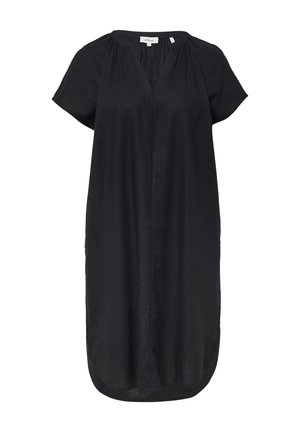 Robe noire en tissu léger, dotée de manches courtes, d'un décolleté en V et d'une coupe décontractée, avec un ourlet incurvé et sans motifs visibles.