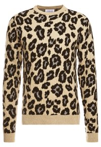 Stickad tröja i beige med mörkbruna och grå leopardfläckar, med rund halsringning och ribbade mudd. Mjuk textur, långa ärmar.