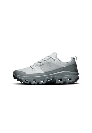 Light gray and dark gray trail running shoe with chunky sole and tread, lace-up closure, and breathable mesh upper.