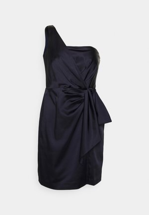 Satin dress in dark navy, featuring a one-shoulder design, wrapped bodice, and a side knot detail with a draped hem.