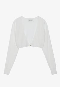 Vit kort cardigan tillverkad av texturerad stickad tyg, med långa ärmar, djup V-ringning och en guldfärgad knappstängning framtill.